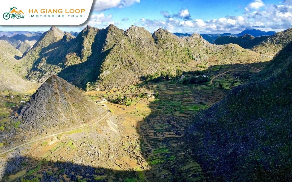 Limestone peaks and valley fields on the karst plateau near Dong Van