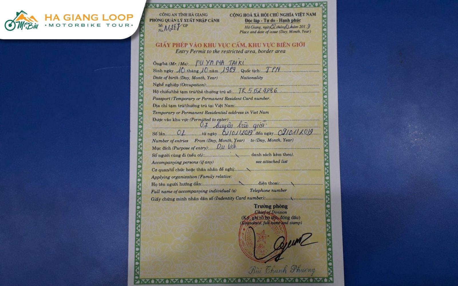 Official Ha Giang Loop permit allowing legal access to border areas