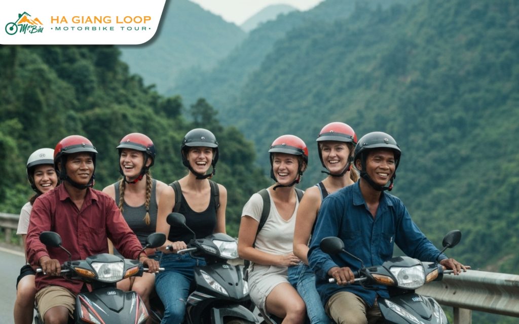 A group of female travelers rides with a local guide on a supported Ha Giang Loop tour, offering extra safety and local knowledge on the road. Women joining guided motorbike tour Ha Giang
