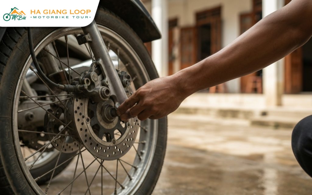 Performing a thorough motorbike safety check before departure is one of the most important steps to a safer Ha Giang Loop experience. Motorbike safety inspection before Ha Giang ride