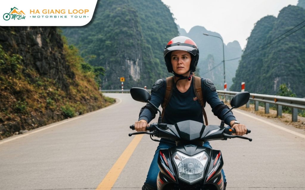 A solo female rider navigates the Ha Giang Loop independently, a rewarding but physically demanding experience that requires strong riding skills. Woman riding motorbike alone on Ha Giang loop
