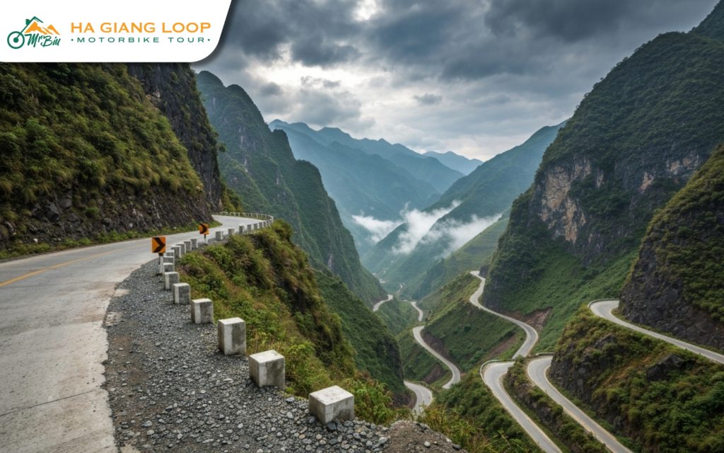 The narrow, steep, and winding roads of Ha Giang present real safety challenges that female riders should research and prepare for carefully. Steep winding mountain road in Ha Giang