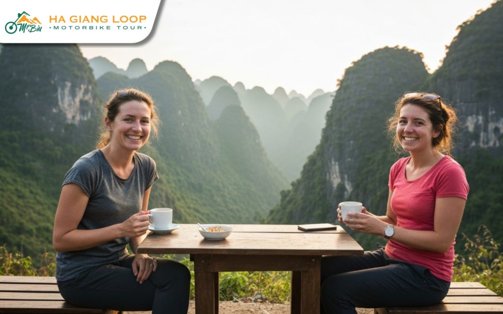 A Western female traveler enjoys a safe and confident Ha Giang Loop experience with Mr. Biu Tours, guided by a reliable and experienced local team. Female traveler enjoying safe Ha Giang loop tour