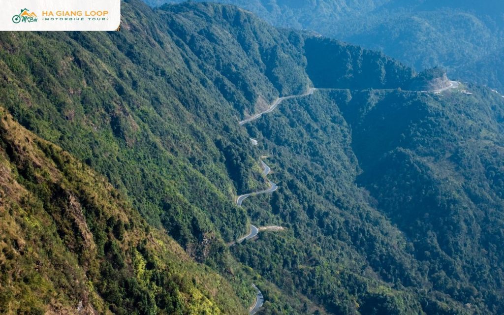 Winding road climbing a forested mountainside on the first climb out of Ha Giang City