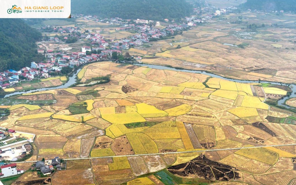Aerial view of rice fields and the river valley around Ha Giang City