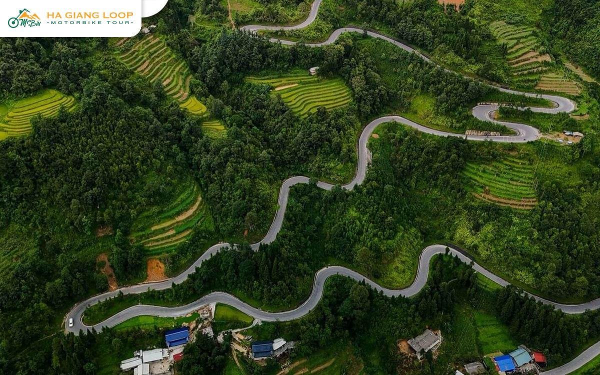 Chin Khoanh Pass road curling through terraced fields seen from above