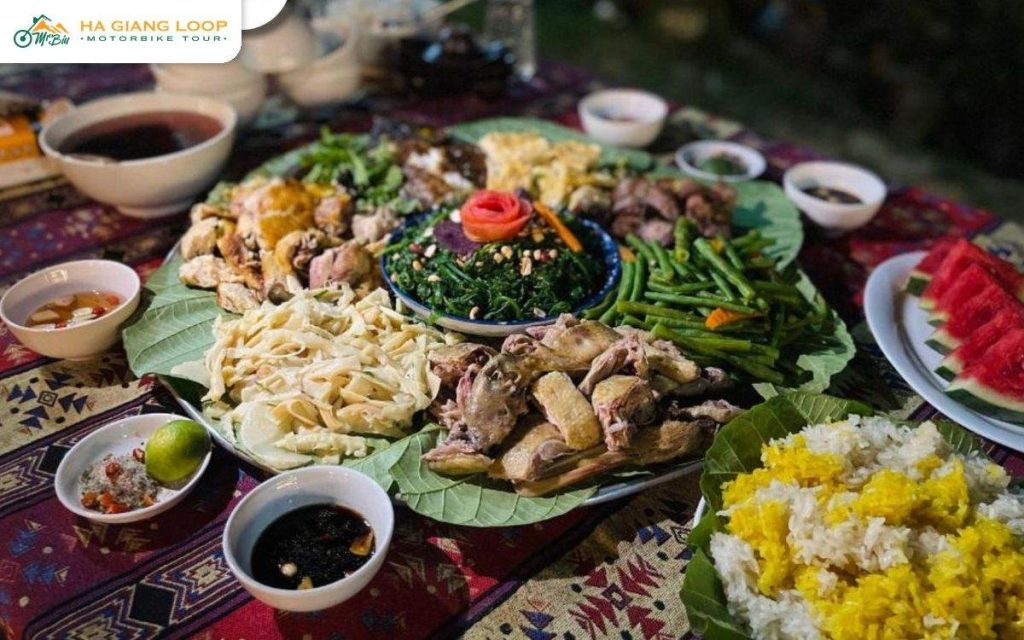 Family-style lunch with sticky rice and vegetables in a Ha Giang village