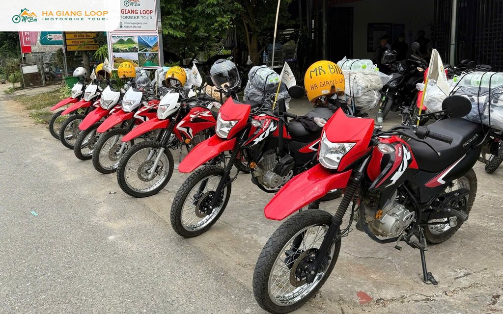 Mr. Biu tour bikes lined up and checked before a Ha Giang Loop trip