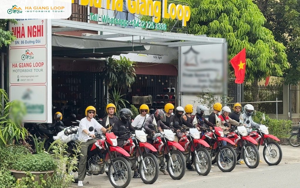 Mr. Biu riders lined up on their bikes in Ha Giang city